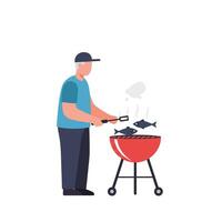 Man grilling fish on barbecue in flat design style art vector