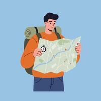 Explorer holding a map with backpack in flat art style illustration vector