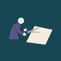 Person using scissors to cut paper in flat art style vector