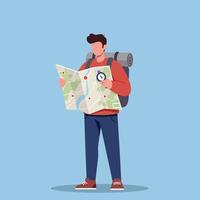 Backpacker exploring a map with a detailed flat design art vector