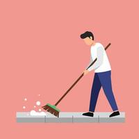 Person sweeping floor with broom in flat style illustration vector