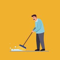 Man cleaning floor with broom in flat and colorful design art vector
