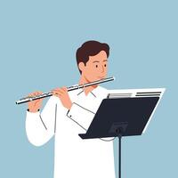 Musician playing flute with sheet music in minimal flat art vector