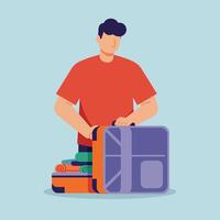 Man packing colorful clothes into a suitcase in flat art vector