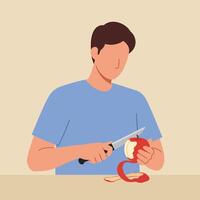 Man peeling an apple with a knife in flat art style vector