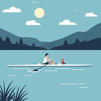 Rowing on a serene lake with a child in flat art vector