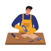 Craftsman working on wood project with tools in flat art vector