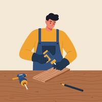 Craftsman using tools to shape wood in flat art vector