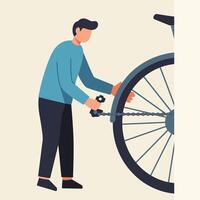 Man adjusting bicycle gears with tools in flat illustration vector