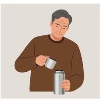 Man pouring coffee into thermos in flat illustration style vector