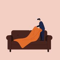 Person arranging an orange blanket on a brown couch in flat art vector