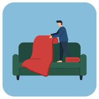 Person arranging red blanket on a green sofa in flat art vector