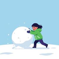 Child happily pushing a large snowball in flat art style vector