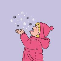 Child enjoying snowfall while catching snowflakes in playful pose, flat art vector