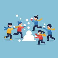 Children playing in snowball fight scene with flat design style art vector
