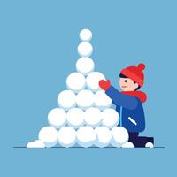 Child building a snowman in winter using flat design art vector