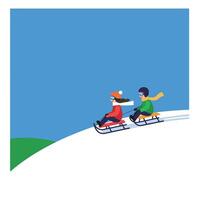 Children enjoying winter fun while sledding down a snowy hill in flat art vector