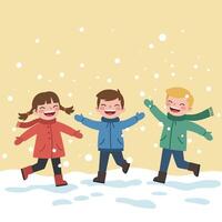 Happy children playing in snow with colorful coats in flat art vector