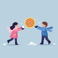 Children playing snowball fight with target in flat art vector