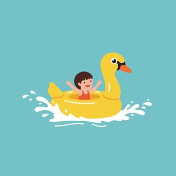Child enjoying summer fun in pool on yellow duck float flat art vector