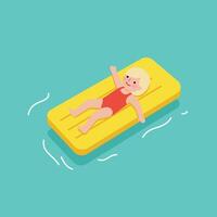 Child floating on a yellow raft in water, flat design style art vector