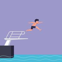 Boy diving from a platform into water in minimal flat art vector