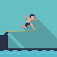 Boy preparing to dive into water from a platform in flat art vector
