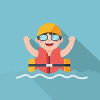 Happy child enjoying swimming in pool wearing goggles and life jacket in flat art vector