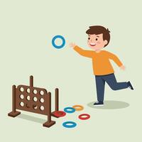 Child playing ring toss game with colorful rings in flat art vector