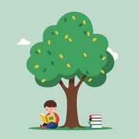Child reading under a large green tree in a flat illustration vector