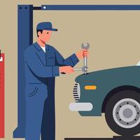 Mechanic working on car with wrench in flat art style vector