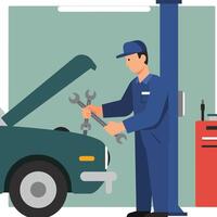 Mechanic working on car engine in flat illustration style with tools and garage equipment art vector