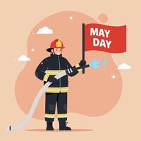 Firefighter holding a May Day flag in flat art style vector