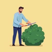Man trimming a bush in a flat art style illustration vector