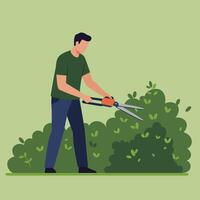 Gardener trimming bushes with pruning shears in flat art style vector