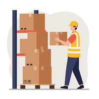 Warehouse worker lifting boxes with minimal style in bright colors illustration vector