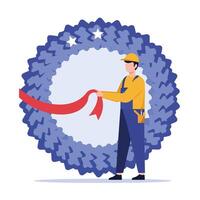 Ribbon cutting ceremony with worker in flat art style for celebration event art vector