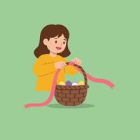 Girl holding a basket of colorful eggs in flat art vector