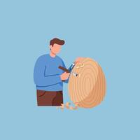 Woodworker shaping a wooden log in flat art style with tools and shavings vector