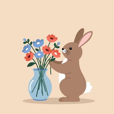 Brown rabbit arranging colorful flowers in a blue vase flat art