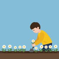 Child planting flowers in a garden using a shovel in flat art vector