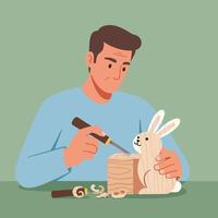 Man carving a wooden rabbit with tools in flat art vector