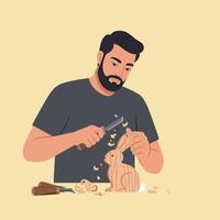 Woodworker carving a rabbit in flat, minimal art style showcasing craftsmanship and creativity vector