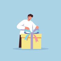 Man unwrapping a gift with colorful ribbons in flat art vector