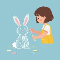 Child drawing a cute rabbit with colorful chalk in flat art vector