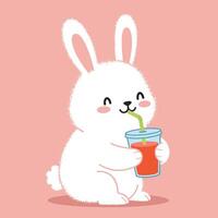Cute white rabbit drinking colorful juice in flat design art vector
