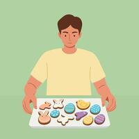 Person presenting colorful decorated cookies in flat minimal art vector