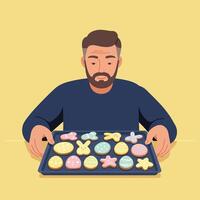 Man presenting colorful cookies in flat design style art vector