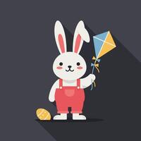 Cute bunny character in flat design holding a kite with colorful details art vector