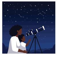 Mother and child observing stars through a telescope in flat art vector